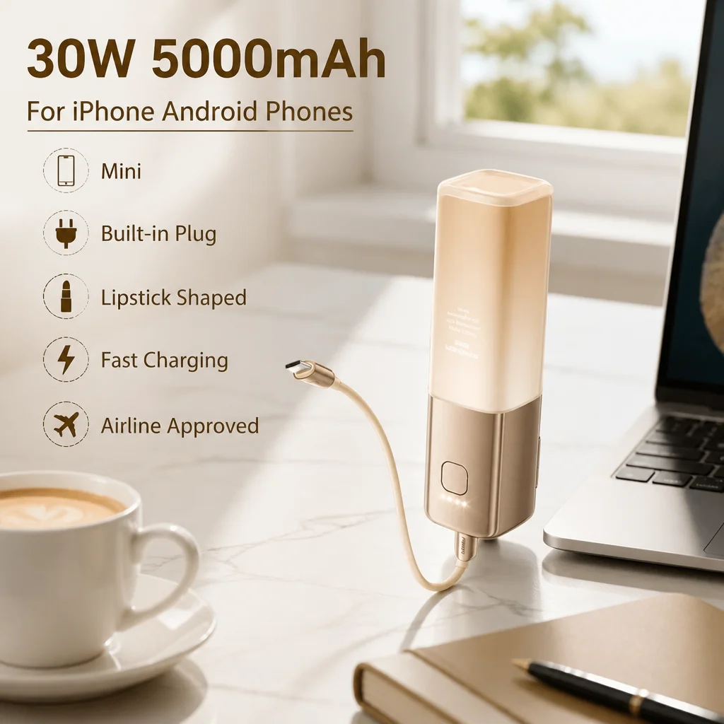 Power Bank 5000mAh 30W Lipstick Shaped Built-in Plug Mini Fast Charge Portable Charger For iPhone Android