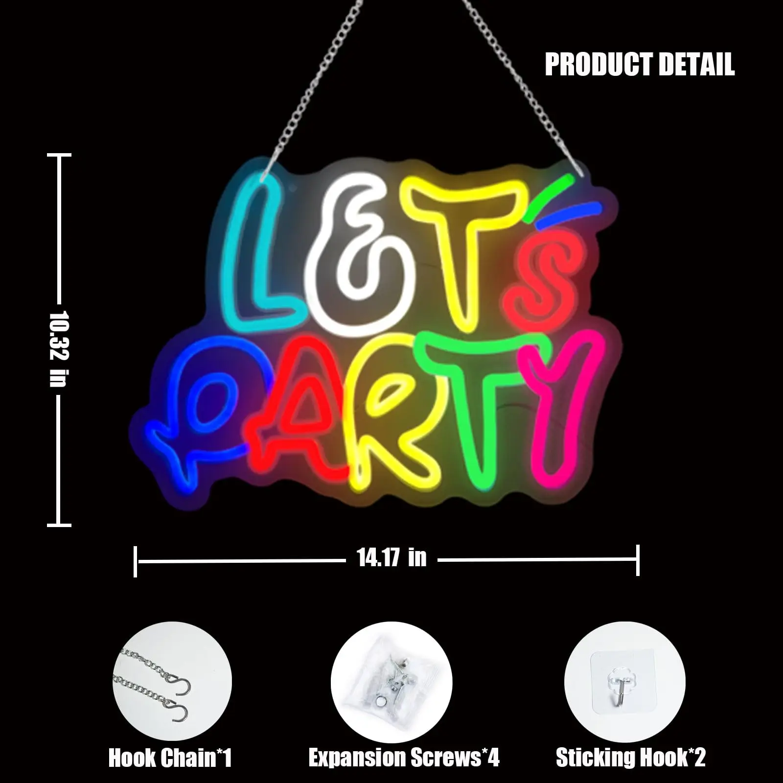 Letrero de neón Let's Party - LED USB multicolor |   14,17x10,32 pulgadas |   Decoración de pared ideal para cumpleaños, despedida de soltera, sala de juegos, bar