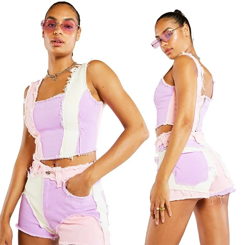 Summer Clothes Women's Casual Shorts Mini Flare Denim Shorts Patchwork Frayed Hem Jean Shorts Mid Waist Zipper Cotton Shorts