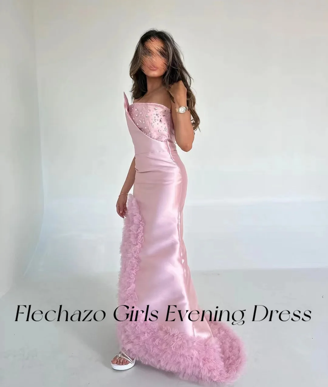 Flechazo Baby Pink Satin Prom Dresses Strapless Tiered Beads Slit Elegant Formal Party Dress For Women 2024 vestidos de noche