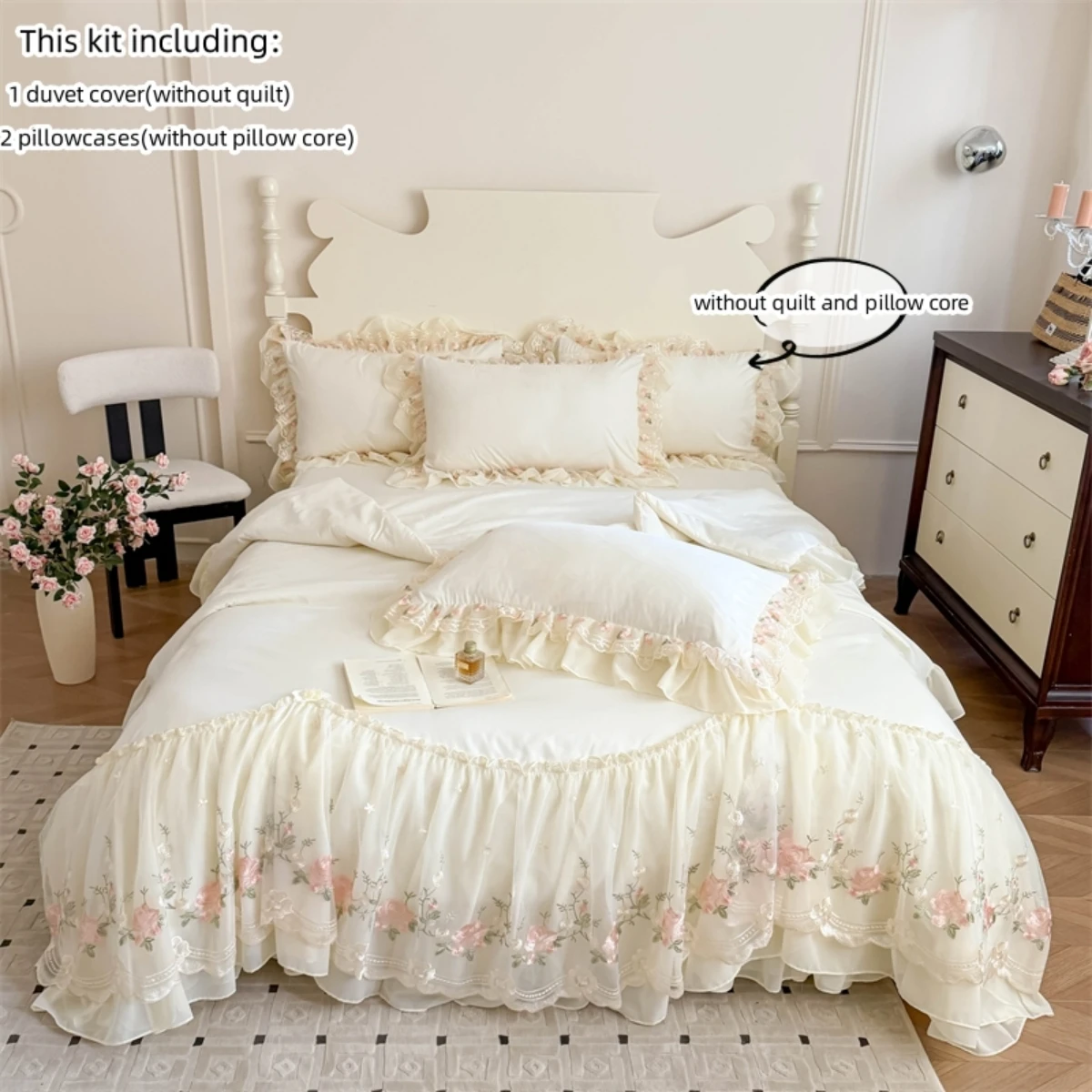 

For 3pcs Korean style Duvet Cover Set (1*Duvet Cover + 2*Pillowcase, Without Core), Lace embroidery Bedding Set