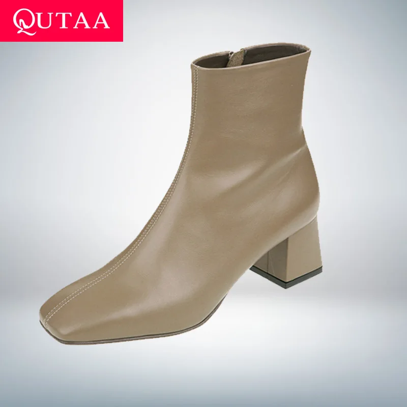 QUTAA 2020 New Autumn Winter Genuine Leather Retro Square Toe Zipper Ankle Boots Square Heel All Match Women Shoes Size 34-40