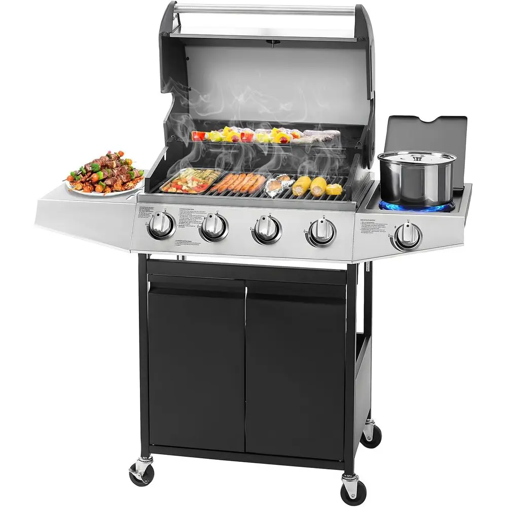 

4-Burner Propane Gas BBQ Grill with Side Burner & Porcelain-Enameled Cast Iron Grates Built-in Thermometer, 49,000 BTU Outdoor C