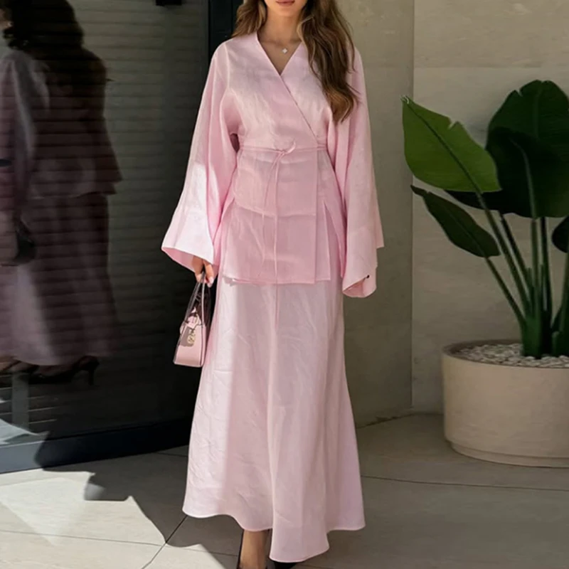 

Elegant Lady Commuting Two Piece Sets Casual Loose Solid Vacation Outfits Fashion V Neck Tie-up Long Sleeve Tops&Half Skirts Set