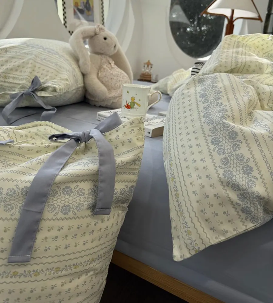 

Fresh fashion blue flower bow bedding set,twin full queen king modern floral cotton home textile sheet pillow case quilt cover