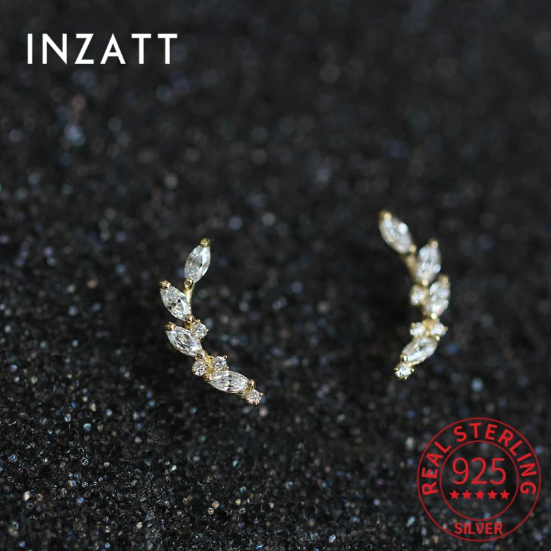 INZATT Real 925 Sterling Silver Ziron Leaves Stud 14K Gold Earrings For Women Hiphop Fine Jewelry Accessories Drop shipping