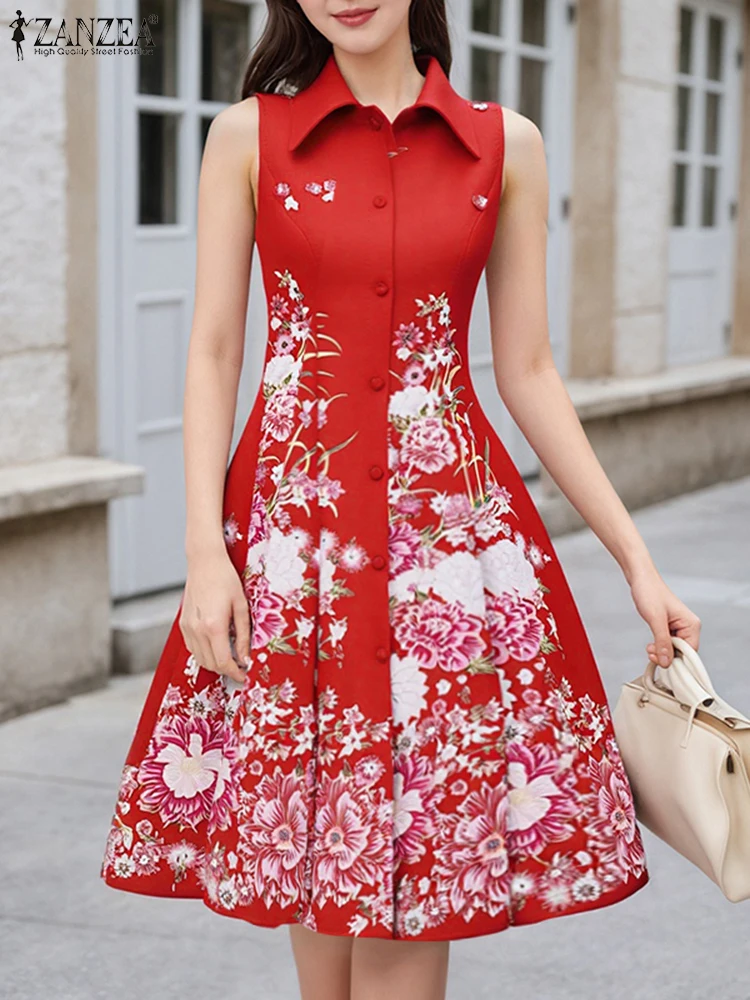 

ZANZEA Women Floral Printed Sundress Vintage Dress Summer Sleeveless Lapel Neck Vestidos 2025 A-Line Elegant High Waist Robe