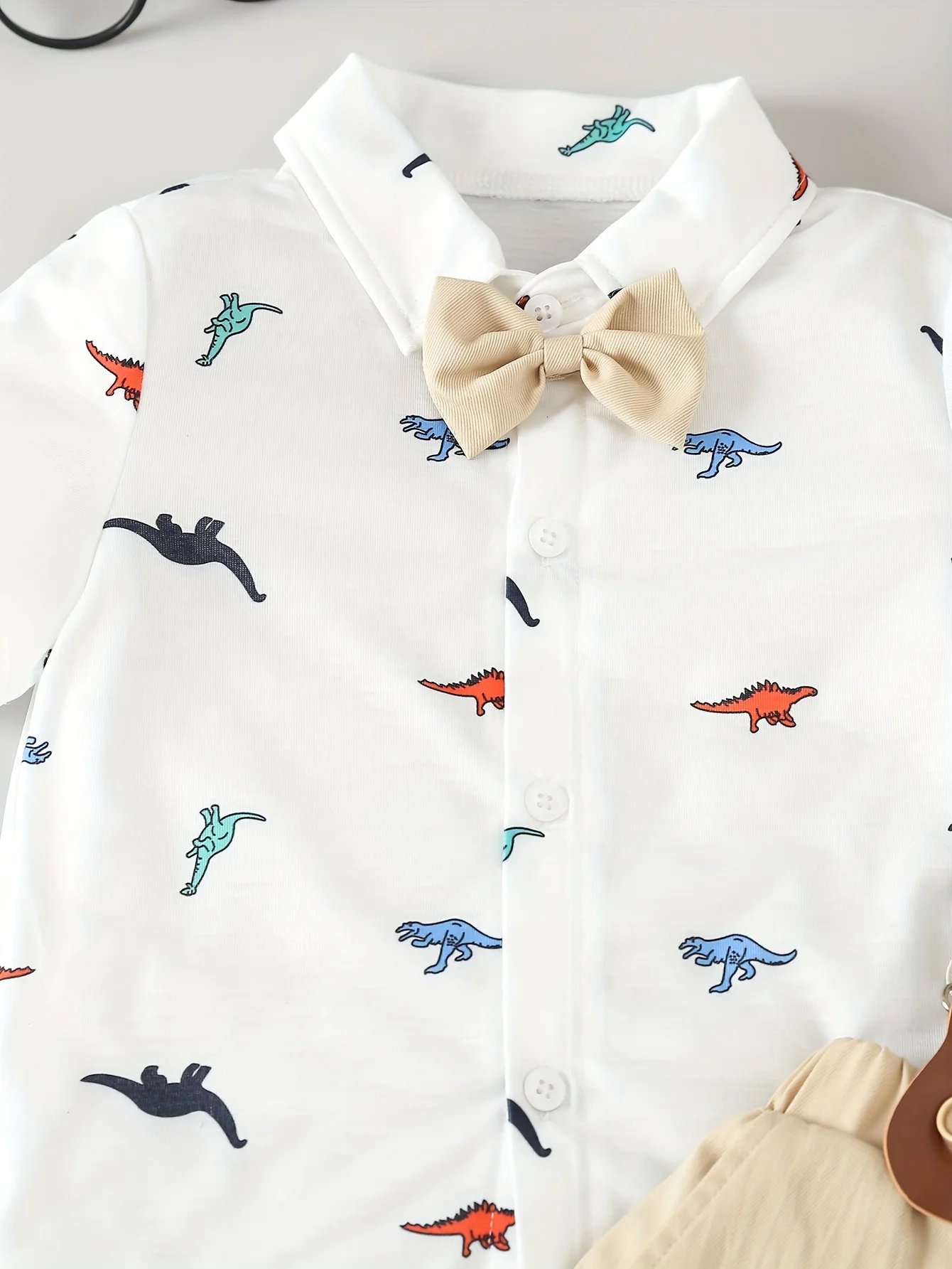 Boys summer short sleeved cute dinosaur printed bow shirt+strap shorts+hat gentleman party dress three piece set