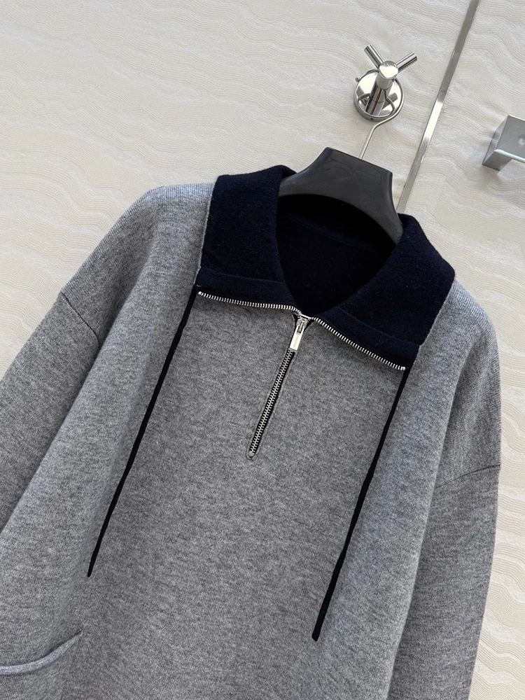 

Autumn winter New style Zipper Flip collar Design Wool Material Woman Grey Keep warm Knitting Pullover