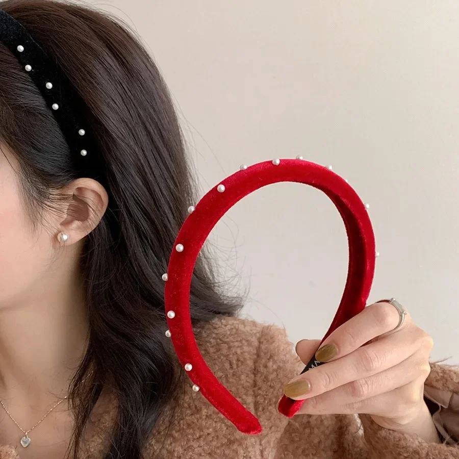 الرجعية الكورية المرأة الجديدة لؤلؤة المخملية عقال الحلو النبيذ الأحمر اللؤلؤ المخملية عقال في الهواء الطلق تنوعا الإناث إكسسوارات الشعر