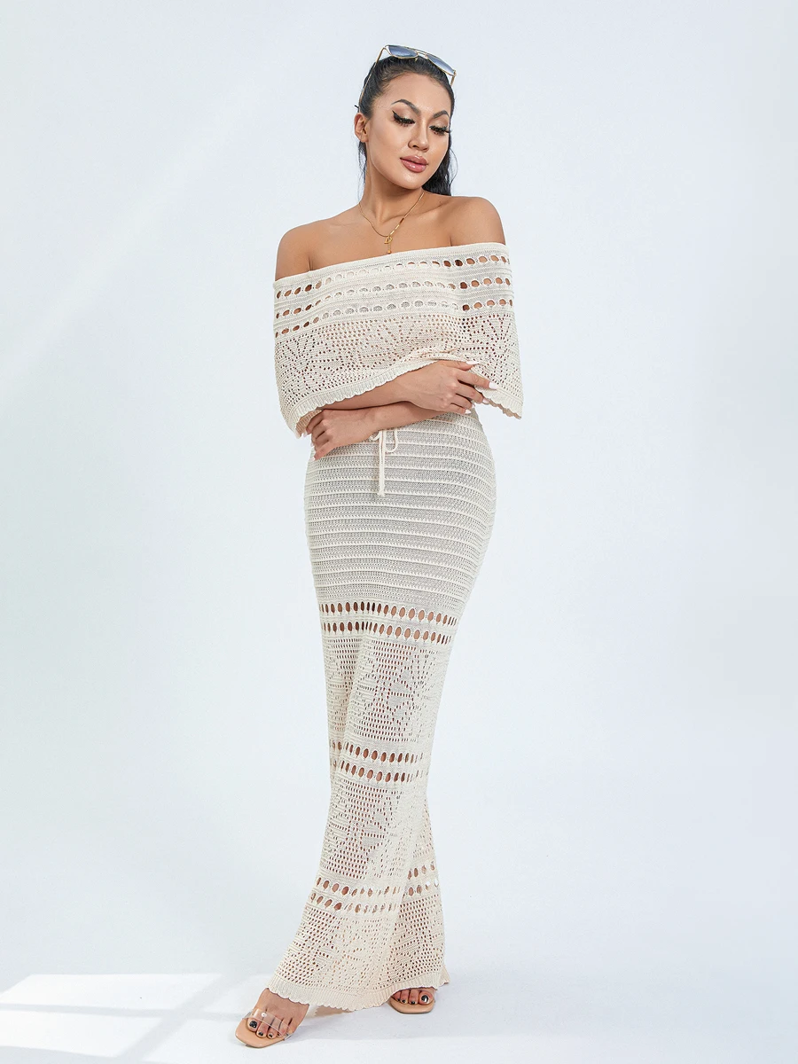 Women Off Shoulder Sleeveless Kintted Maxi Dress Hollow Out Ribbed Knit Bodycon Long Dress Vintage Aesthetic Knit Dress Beach