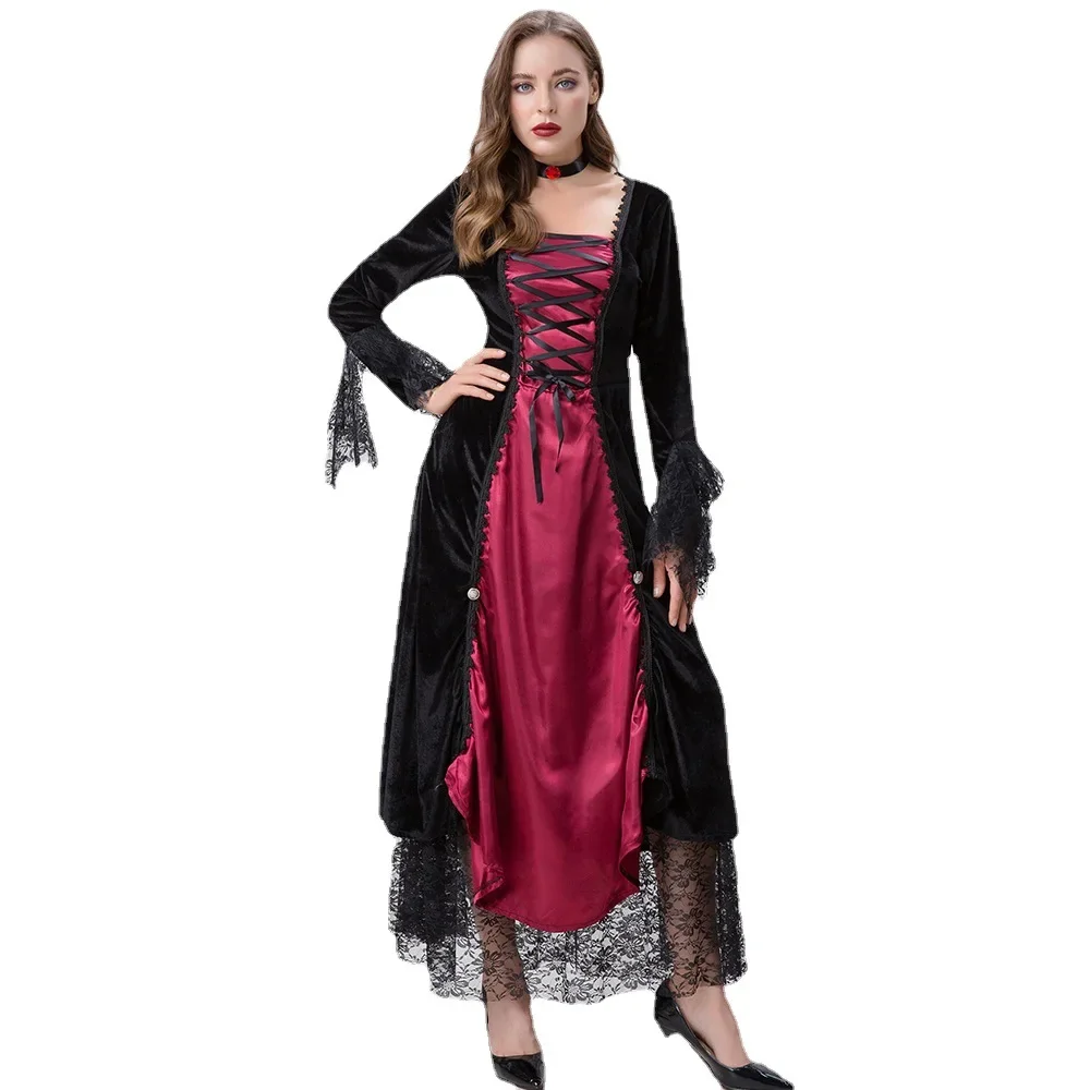 Halloween Gothic Vampirkönigin Cosplay Kostüm Mittelalter Spitze Kostüm