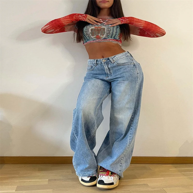 Celana Panjang Wanita Model Retro Amerika Eropa dan Amerika, Celana Jeans Longgar Gaya Hot Girl, Celana High-rise Straight-leg