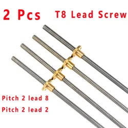 2pcs T8 Lead Screw OD 8mm Lead 2mm Pitch 2mm 8mm 100mm 200mm 300mm 400mm 500mm Lead Screw With Brass Nut Reprap 3D Printer Parts