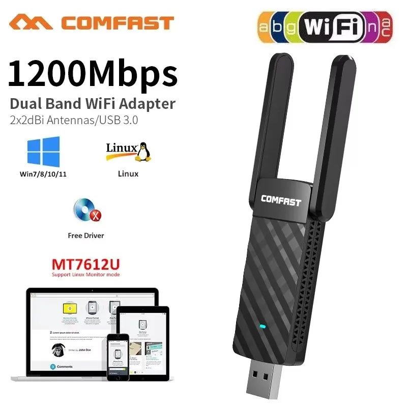 1200Mbps 5Ghz 2.4Ghz USB 3.0 واي فاي محول ثنائي النطاق MT7612U واي فاي هوائي دونغل LAN محول ويندوز/لينكس سطح المكتب/الكمبيوتر المحمول/الكمبيوتر