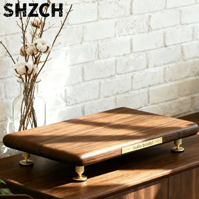 Solid Wood Shock-Absorbing Speaker Stand, Desktop Monitor Riser with Anti-Slip Pads, Home Audio Storage Shelf for Stereo