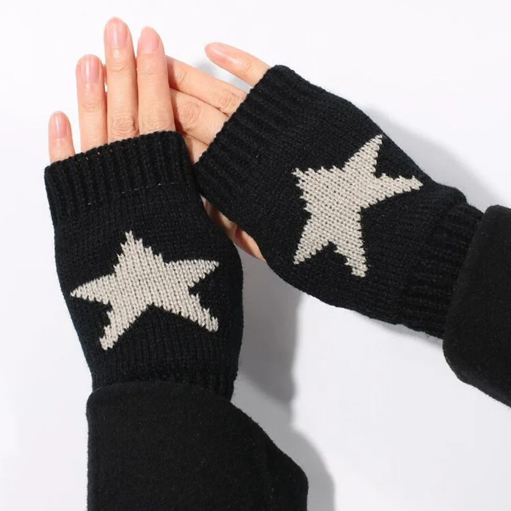 Punk Y2K Star Knitted Woolen Gloves Half Finger Warm Soft Mittens Fashion Men Women Fingerless Gloves  Five Pointed Star Gloves