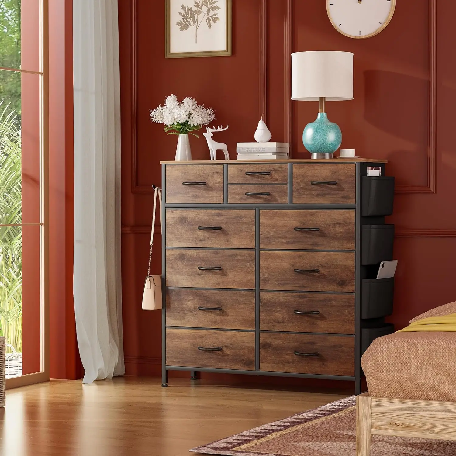 Dresser for Bedroom with 12 Drawers, Tall Dresser Chest of Drawers with Side Pockets and Hooks, Fabric Dresser Storage