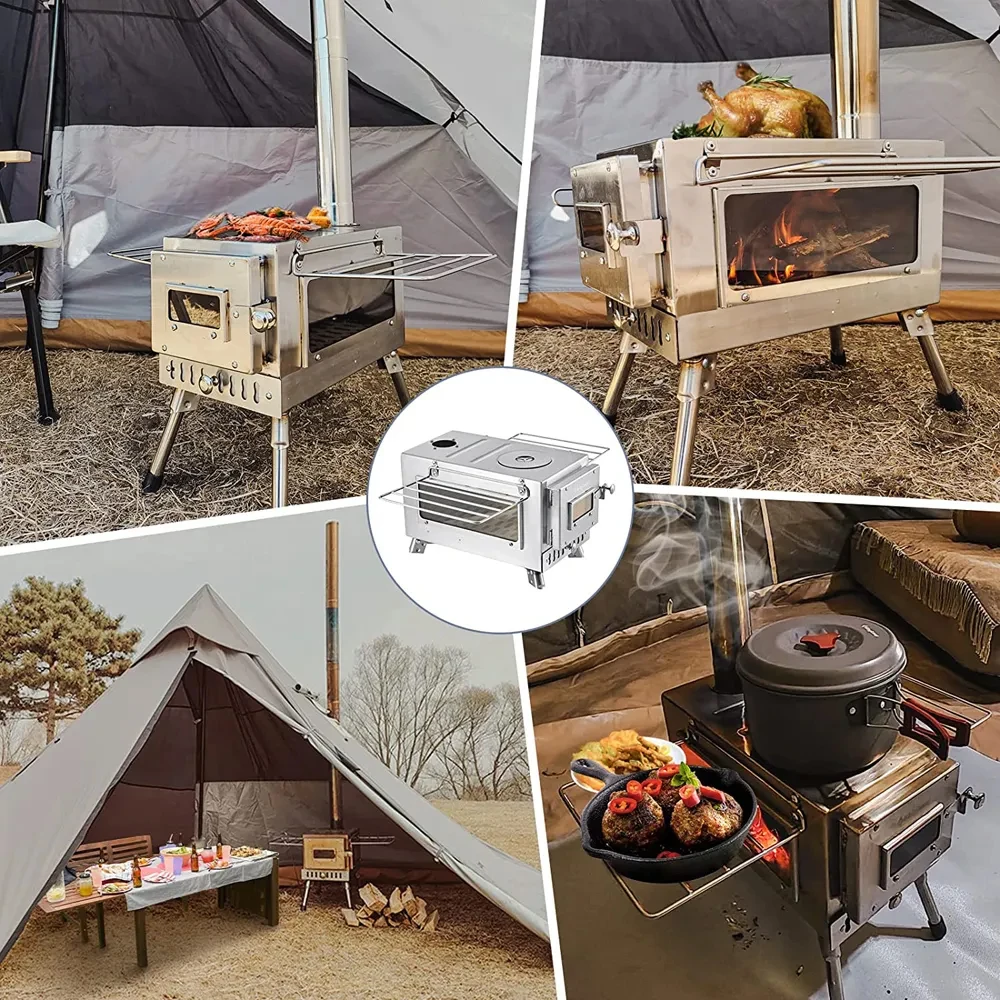 Estufa de leña portátil grande con tubo de ventana, calentador de tienda, cuna para acampar, cocina para pesca en hielo, barbacoa al aire libre