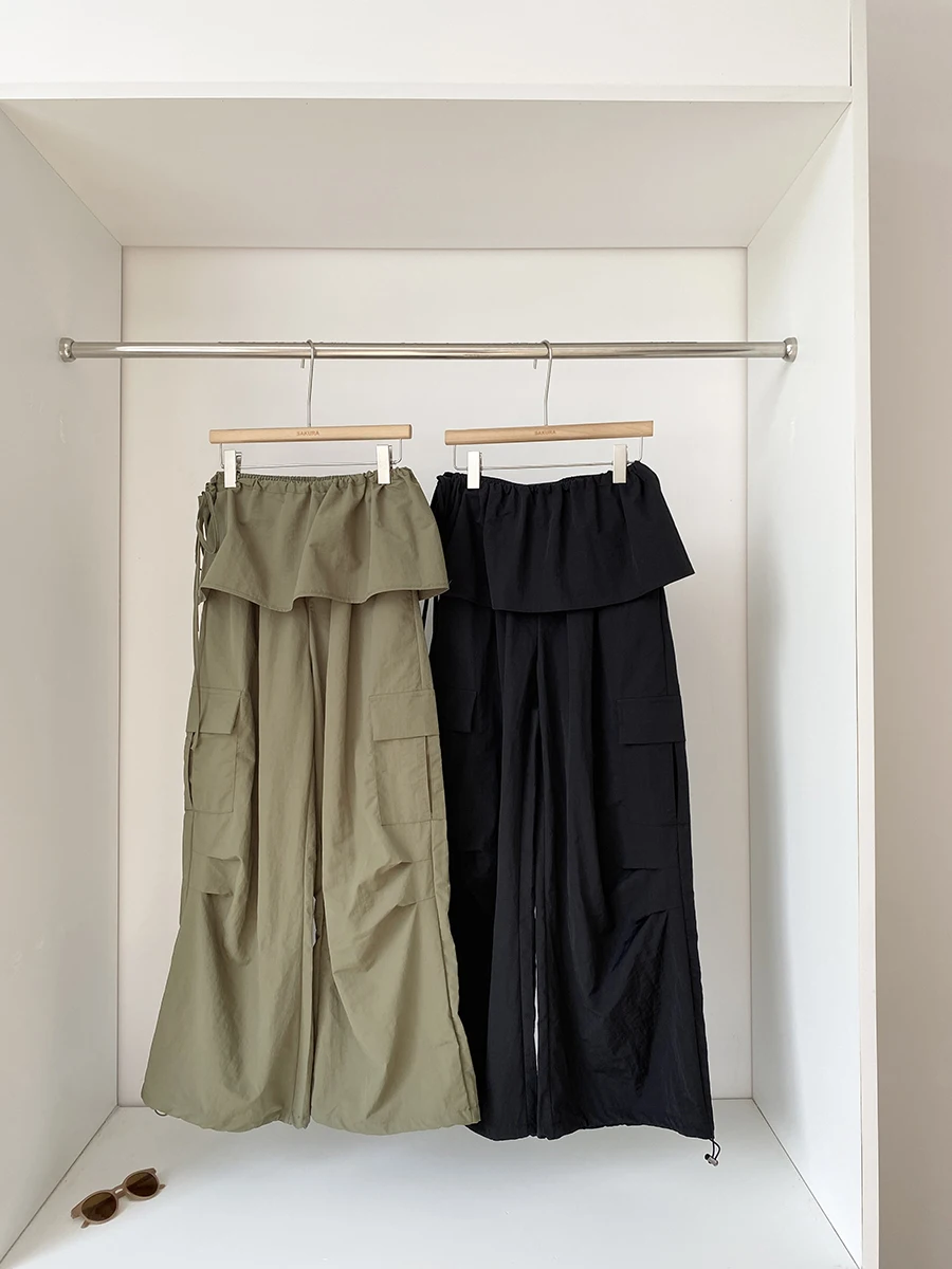 

Summer Loose Work Pants For Women American Retro High Waisted Straight Leg Trousers Fashion Solid Ruffled Casual Long Pants