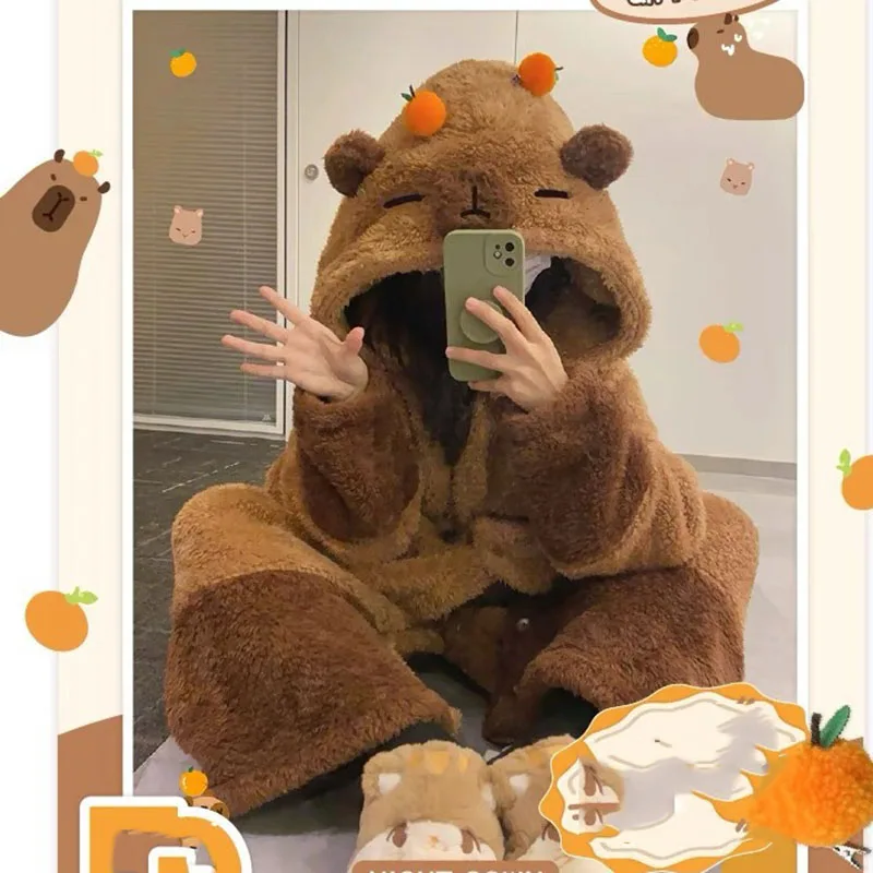 Hot selling plush winter capybara role-playing costumes long robes for adults KigurumiOnesie anime pajamas Halloween cartoon