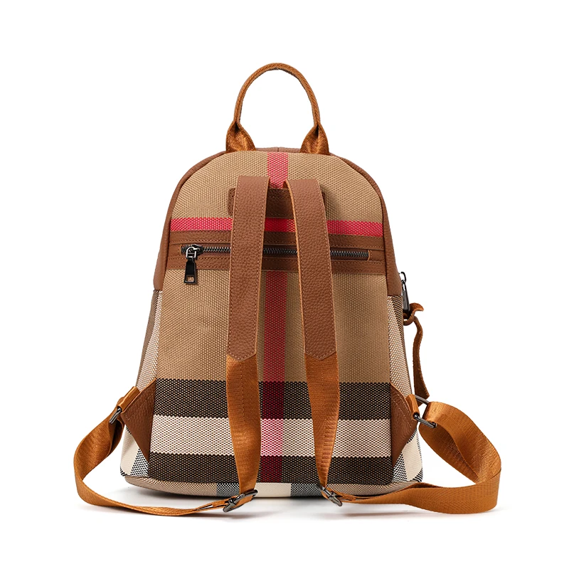 Canvas and Cowhide Leather Women Mini Backpack, Plaid Stripe Travel Backpack with Leather Pocket for Daily Use
