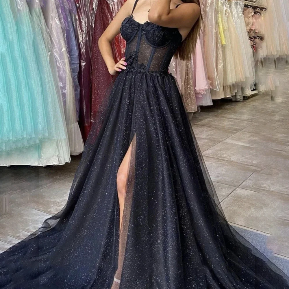 Popular A Line Formal Evening Gowns Spaghetti Straps  Side Slit Long Sweetheart Black Glitter Tulle Prom Dresses Robes De Soirée