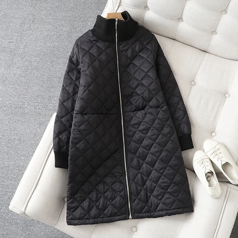 Thickened Mid-Length Quilted Cotton Jacket Women's Loose Fit Winter Coat Diamond Pattern Padded Coat Long Sleeve Zipper Closure
