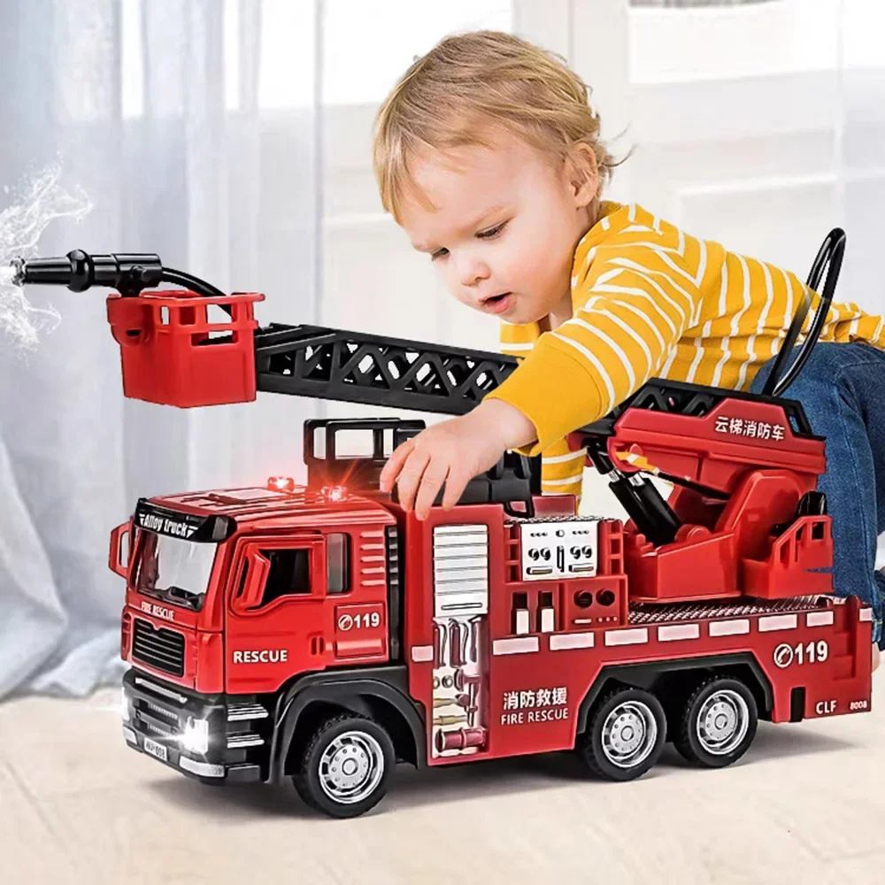 1/32 Fire Engine Car Toy Model with Sound Light Ladder Fire Truck Wheel Pull Back Sprinkler Rescue Vehicle Boys Decoration Gifts