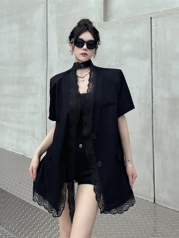 

Faionable Lace Trim Splice ort Sve Heavy Work Jaet Design Versatile Mid-Length French Sle Loose Fit Women's Suit