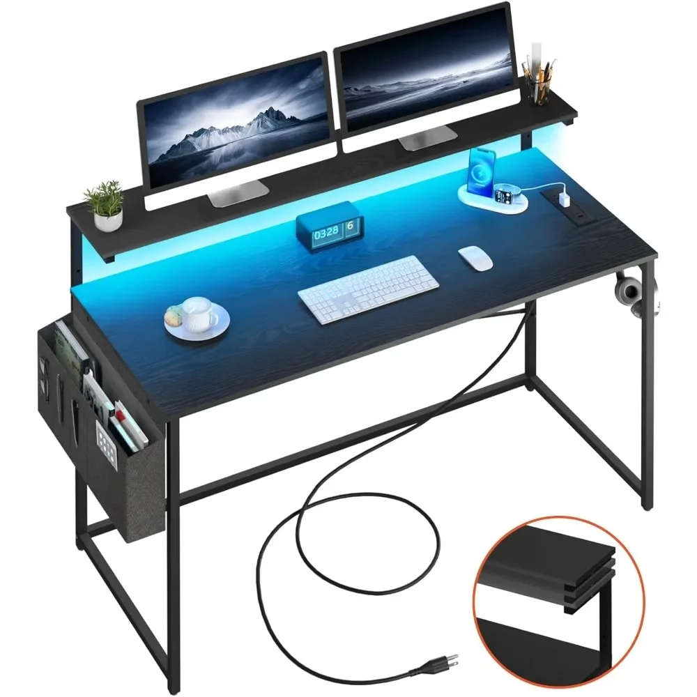 Computer desk with power socket for fast charging, gaming desk with LED lights, small table home desk with storage bag and hooks