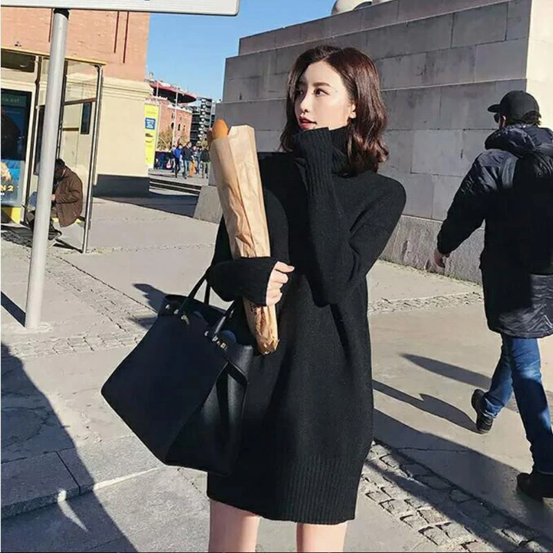 

plus Size Knit Dress High Collar Thickened Autumn Winter Fashion Versatile Women's Dress Midi Length Korean Style Loose Fit