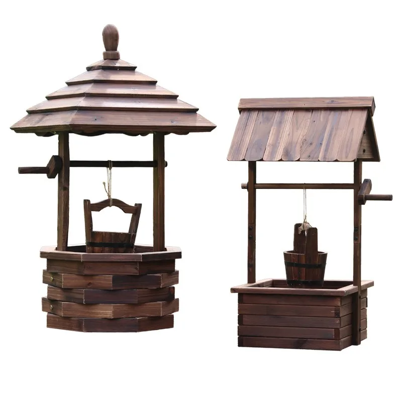 Outdoor Weatherproof Carbonized Wood Wishing Well Planter Creative Flower Trough for Villa Garden Ornament