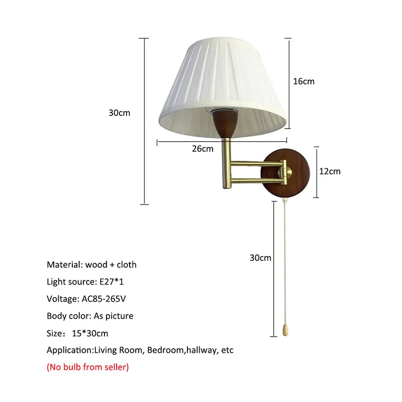 American Telescopic Wall Lamp Fabric Folding Rocker Arm Lamp Creative Bedroom Bedside Lamp Study Solid wood Reading Wall Light