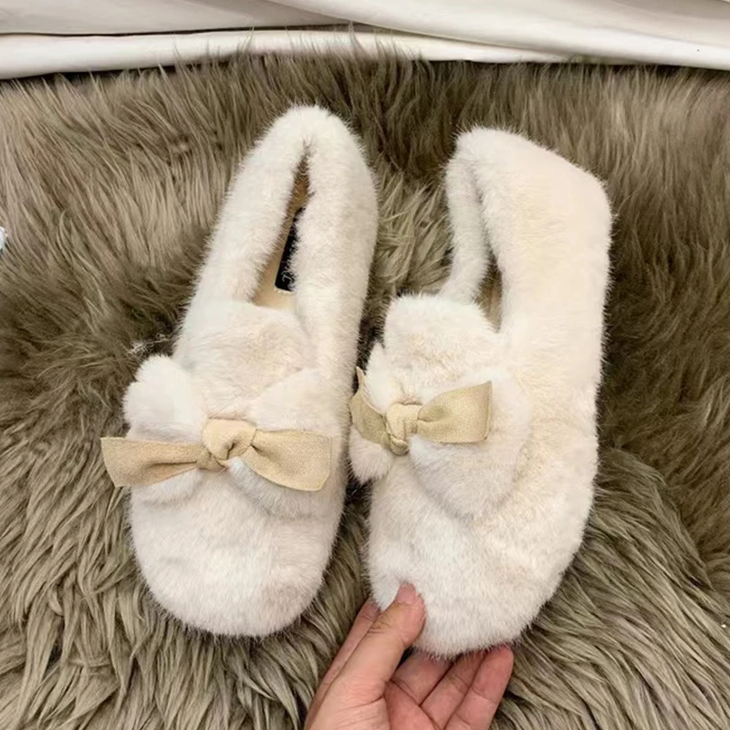 

Bow Women Fur Loafers Shoes Warm Short Plush Cotton Shoes 2025 Winter Casual Home Shoes Comfort Sport Running Zapatos De Mujer