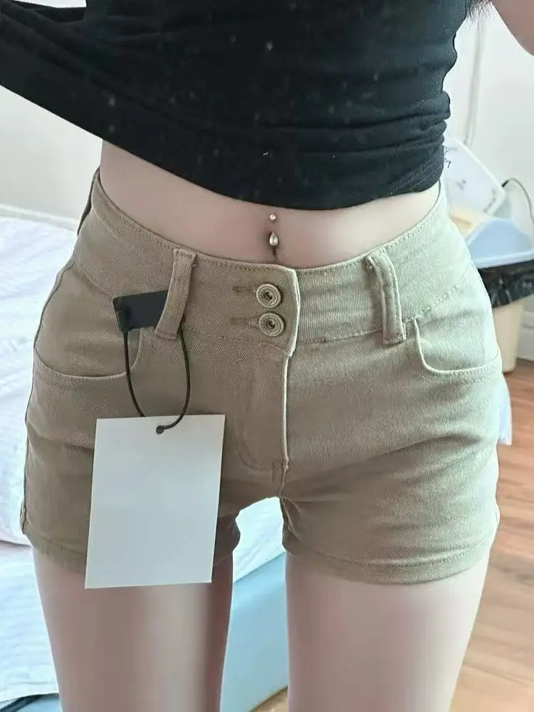 Pantalones cortos Y2k de color caqui ajustados de cintura alta para mujer, novedad de 2025, pantalones cortos Retro con palabra A y cadera