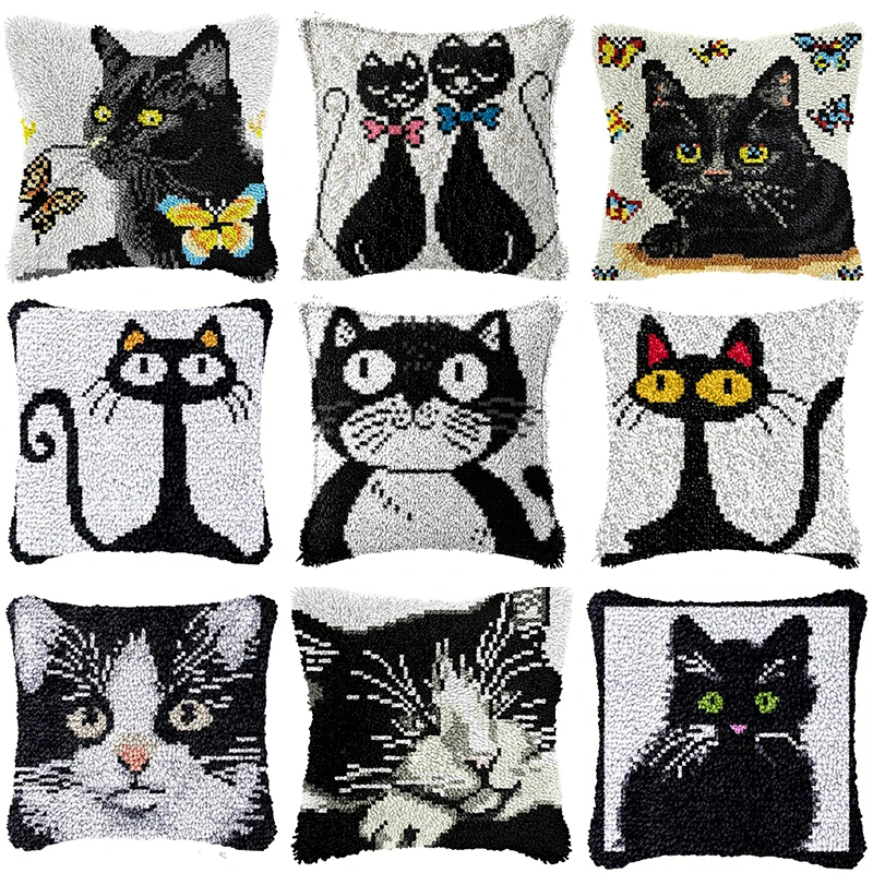 Black Cat Cushion Smyrna Button Package Latch Hook Throw Pillow Embroidery Pillow Foamiran For Needlework Pillow Embroidery Set