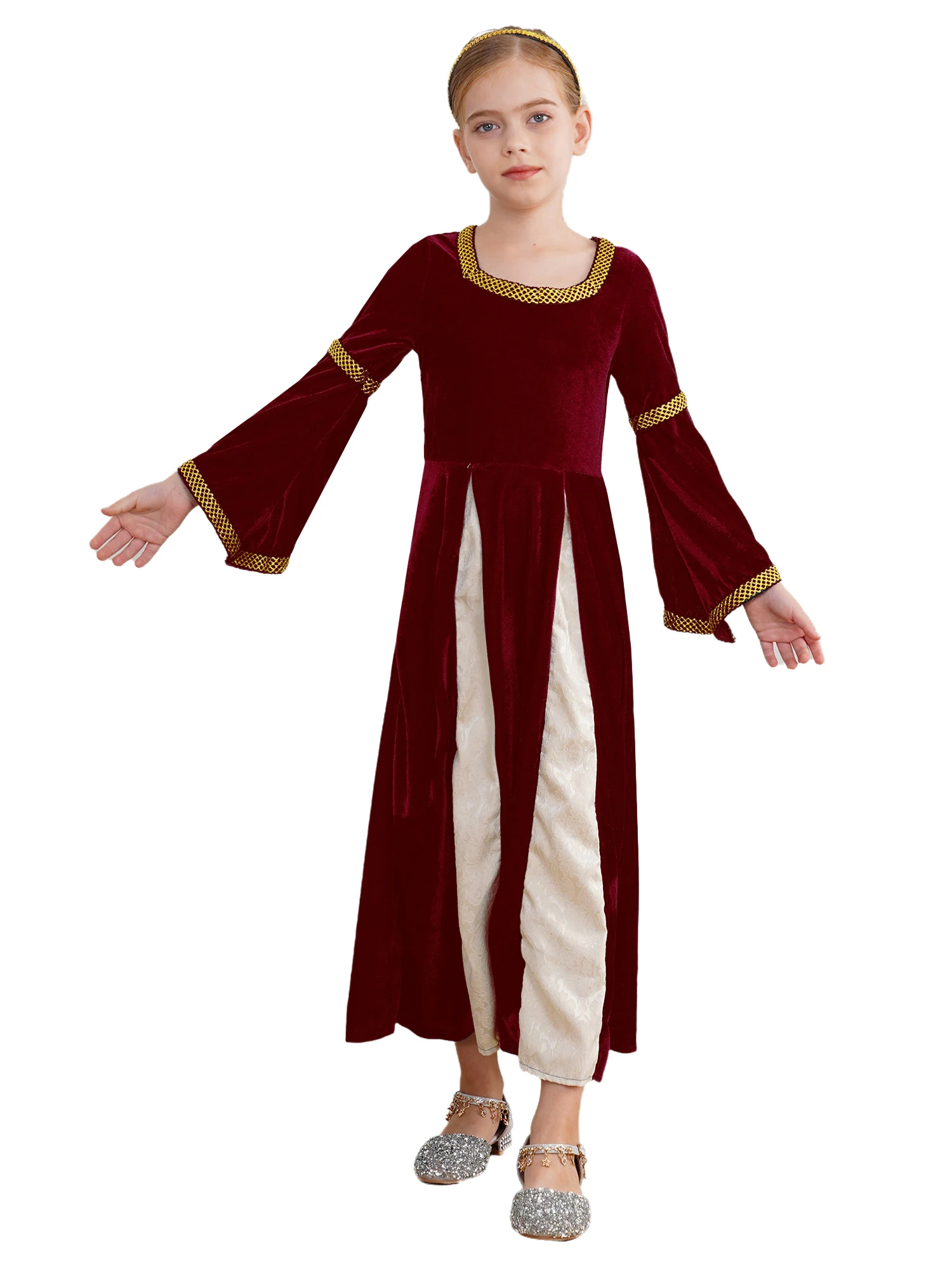 Kids Girls Vintage Medieval Renaissance Vampire Witch Long Dress Princess Role Play Performance Halloween Carnival Cosplay Party