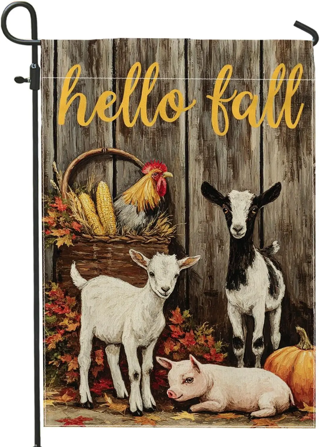 Hello Fall Farm Animals Garden Flag, Rustic Goats Pig Pumpkin Decor for Autumn, Double Sided Burlap Yard Flag, Outdoor Lawn  MME