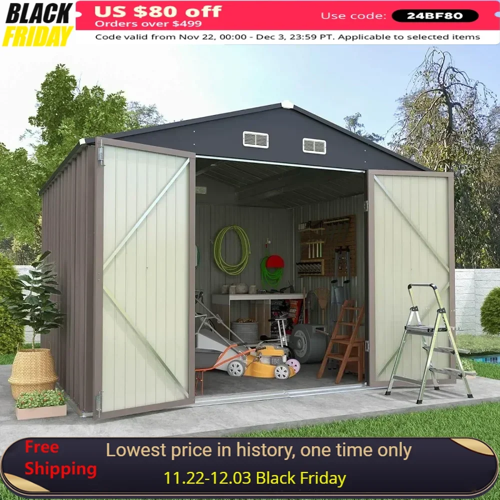 8x10FT Outdoor Storage Shed, Large Garden Tool Metal Shed with Sloping Roof and Double Lockable Door Cabanons De Jardin