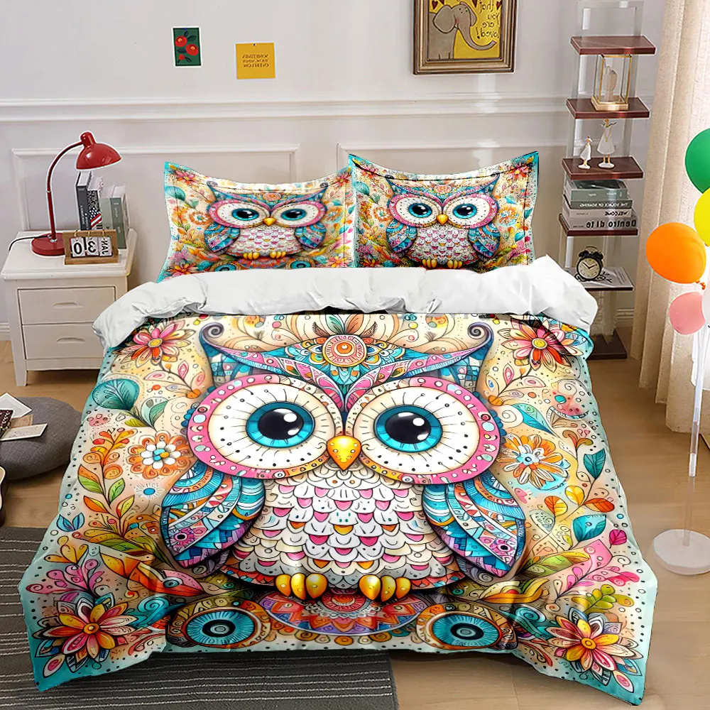 Owls and colorful flowers surround the art Printed Duvet Cover Set1 Duvet Cover+2 PillowcaseMulti Size Bedroom Bedding Decor