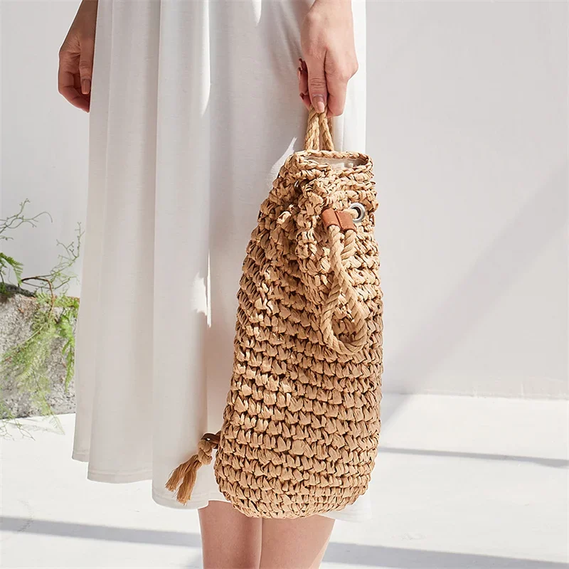 Women Summer Casual Straw Backpacks Handmade Drawstring Beach Shoulder Bags Ladies Raffia Rattan Woven Travel Handbags 2024