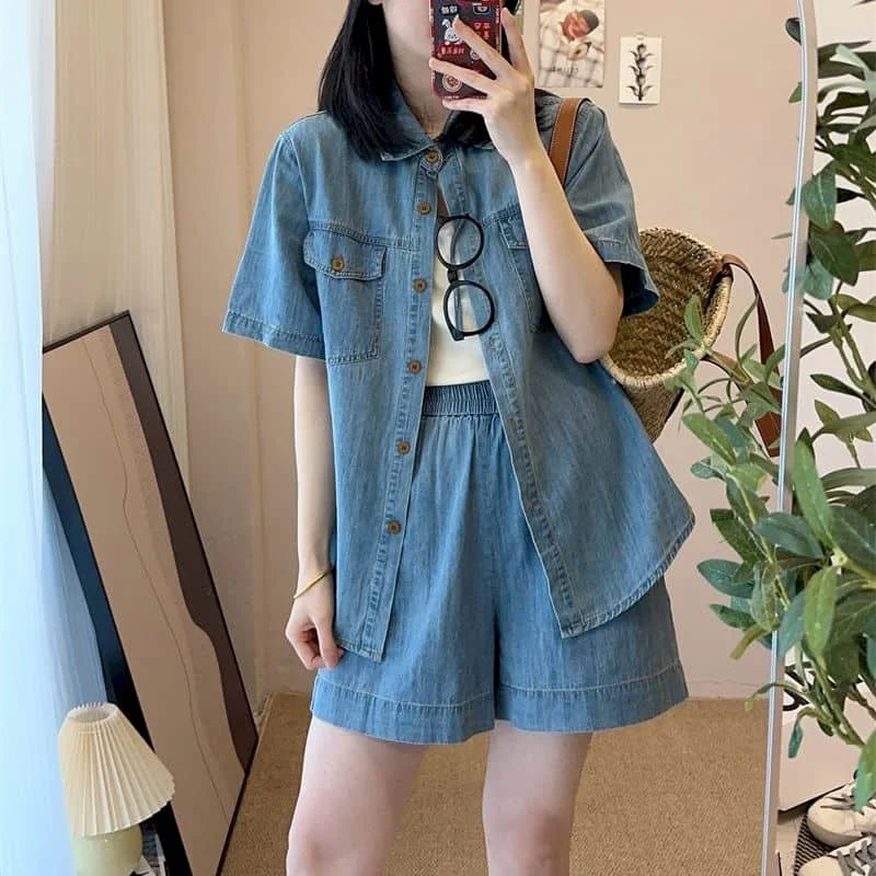 Denim Shorts Sets Oversized Half Sleeve Korean Style Polo-neck Shirts Wide Leg Pants Loose Casual Two Piece Set Women Outfits