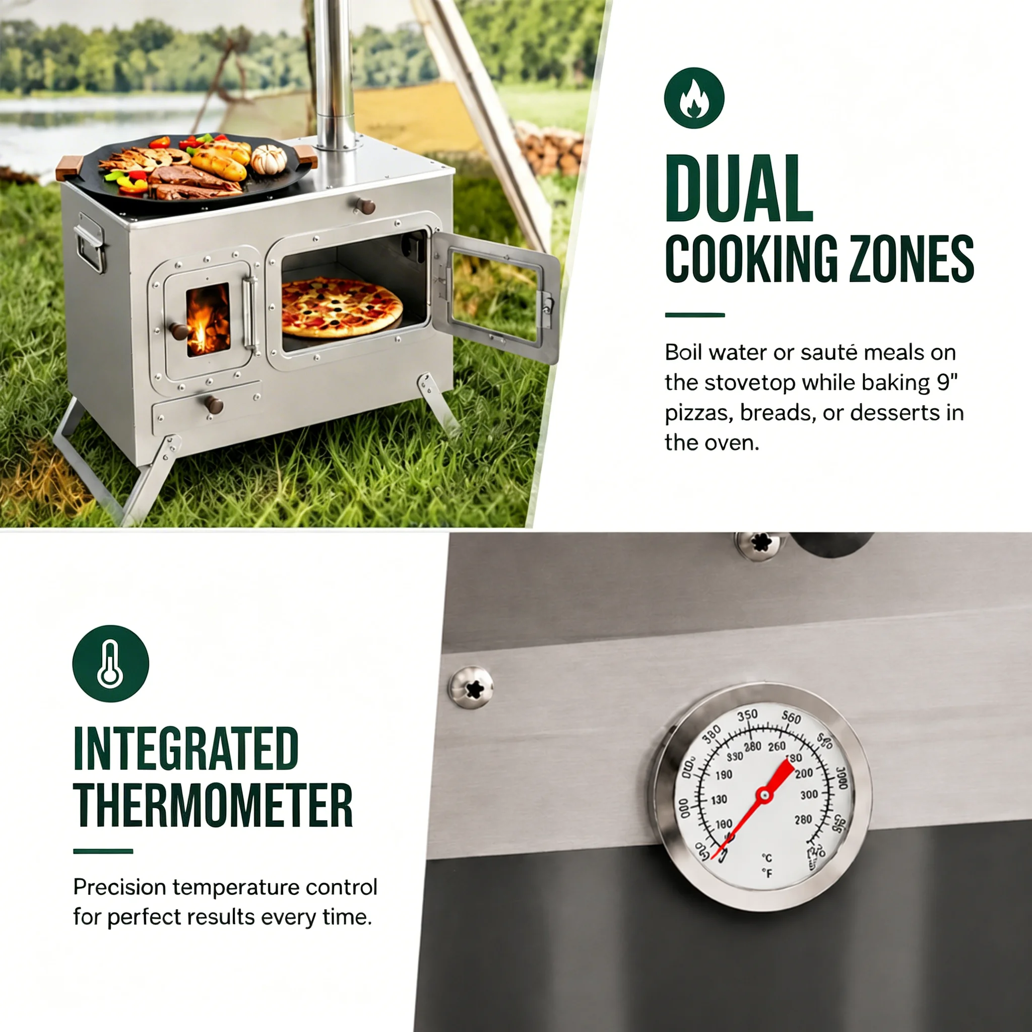 Portable Wood Fired Pizza Oven, Camping Stove with Chimney, Dual Cooking Tent Heater for 9