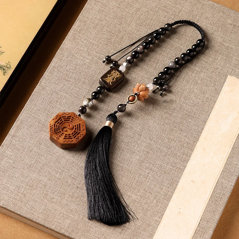 HYS silver obsidian bead chain fringed car hanging lightning strike jujube gossip tag car pendant lotus car rearview mirror