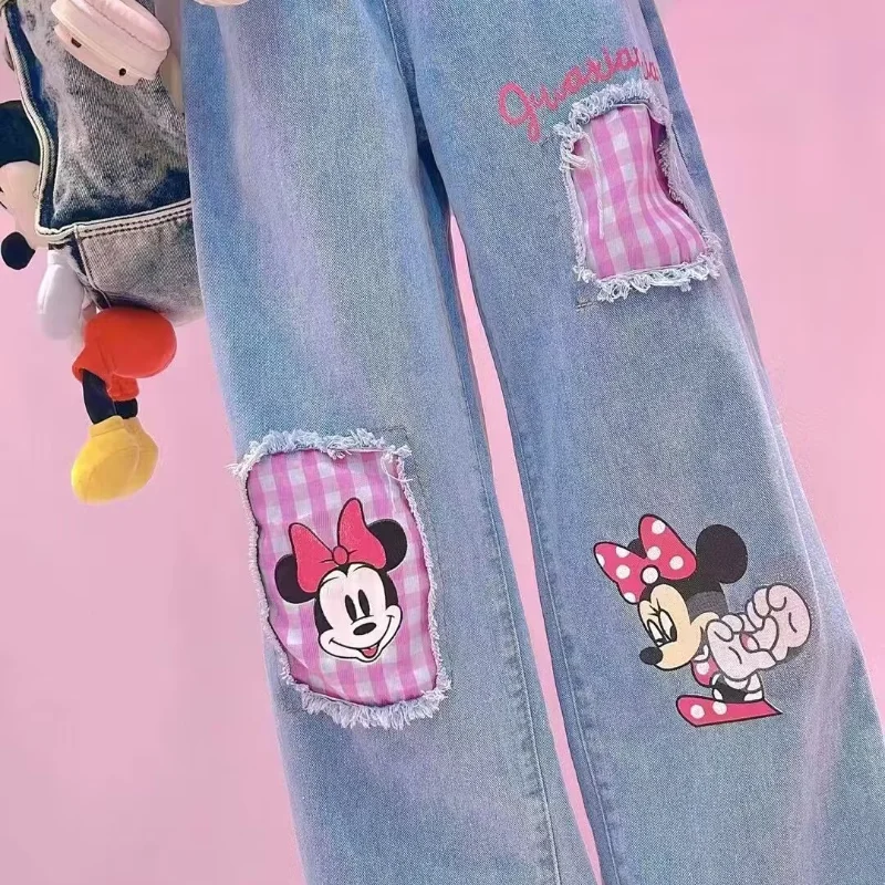 Cartoon Print Patch Jeans Woman 2024 Spring and Autumn Pink Plaid Light Blue Denim Trousers Female Student High Waisted Jeans