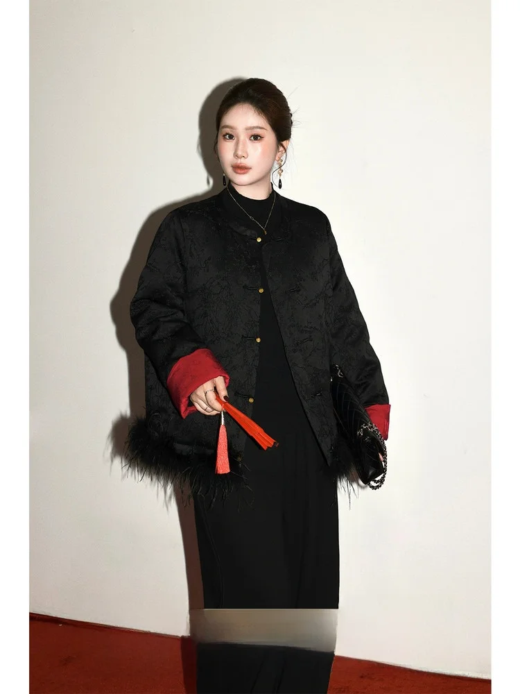 

plus Size down Jaet Ele Sle Chinese New Sle White Du down Collar Coat for Plump Sister Warm Thiened Long Sve