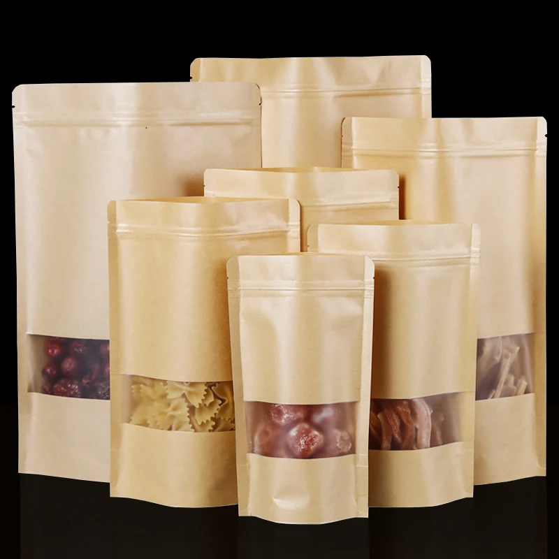 

100PCS Brown Doypack Kraft Packaging Paper Bag Tea Candy Food Snack Powder Storage Stand Up Packet Pouch with Matte Window