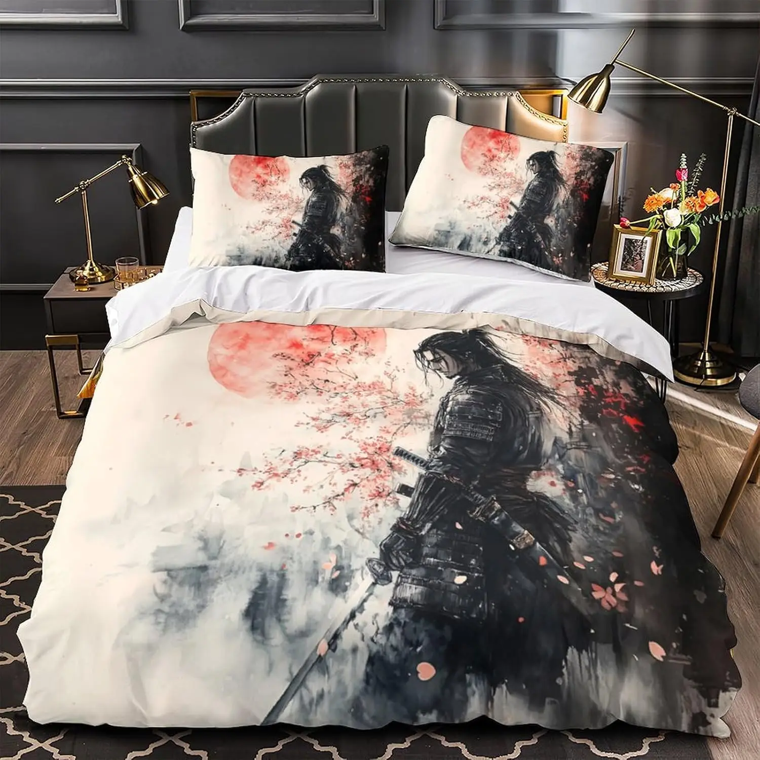 Samurai Art Duvet Set Single Size 135x200cm With 1 Pillowcase Black Red Print Graphic Modern Anime Teen Decor