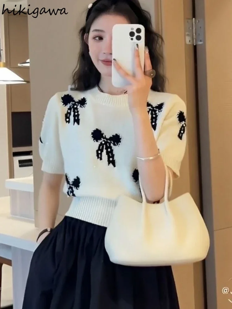 Słodki sweter koreański moda swetry z krótkim rękawem odzież damska O-neck Bow Pull Femme Casual sweter z dzianiny przycięte topy